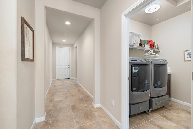 3143 Celeste Ave, Clovis, CA 93619 - laundry area with separate washer and dryer, recessed lighting, and light stone finish floors