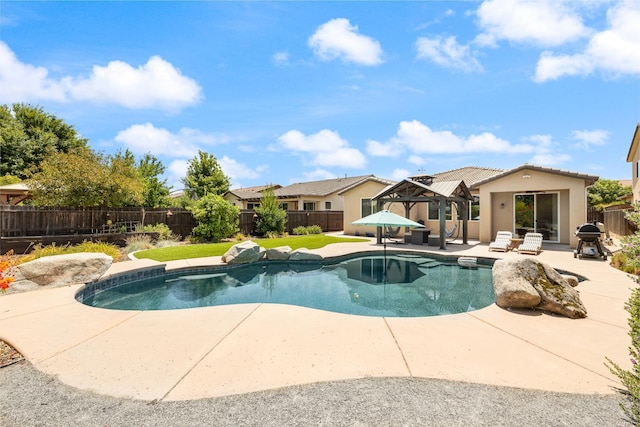 3143 Celeste Ave, Clovis, CA 93619 - view of swimming pool featuring a gazebo, a patio, a fenced backyard, and area for grilling
