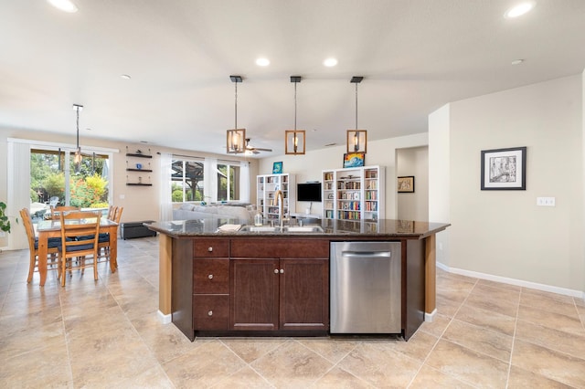 3143 Celeste Ave, Clovis, CA 93619 - kitchen with dishwasher, recessed lighting, open floor plan, dark brown cabinetry, and pendant lighting