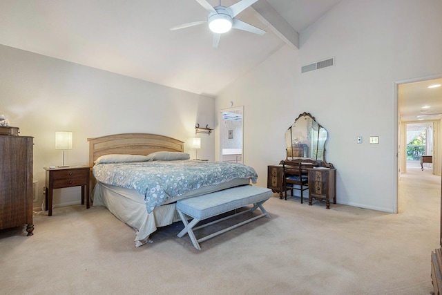 5630 N El Adobe Dr, Fresno, CA 93711 - bedroom featuring beamed ceiling, carpet floors, high vaulted ceiling, and a ceiling fan