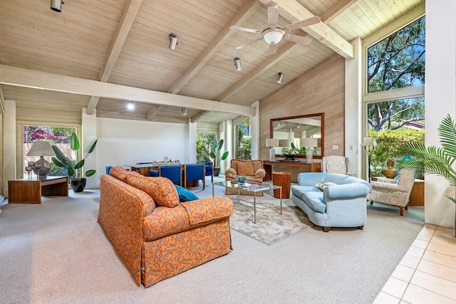 5630 N El Adobe Dr, Fresno, CA 93711 - tiled living room with a wood ceiling with exposed beams, high vaulted ceiling, a ceiling fan, and carpet flooring