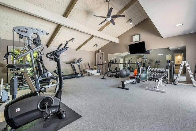 5630 N El Adobe Dr, Fresno, CA 93711 - workout area with a wooden ceiling with exposed beams, high vaulted ceiling, a ceiling fan, and carpet flooring