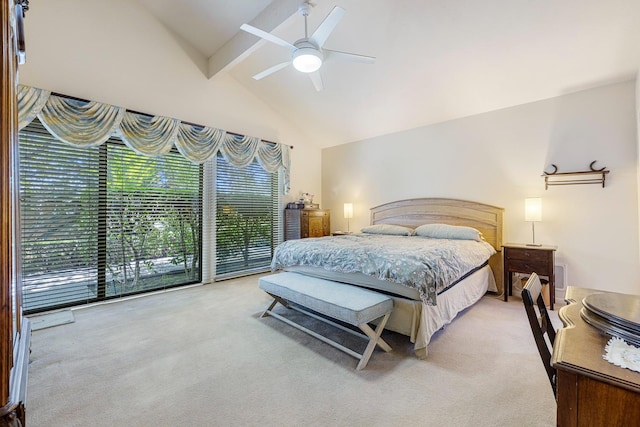 5630 N El Adobe Dr, Fresno, CA 93711 - bedroom featuring light colored carpet, beam ceiling, access to exterior, a ceiling fan, and high vaulted ceiling