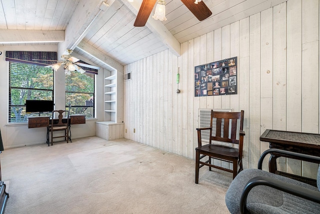5630 N El Adobe Dr, Fresno, CA 93711 - office area featuring a ceiling fan, carpet flooring, wooden walls, and wooden ceiling