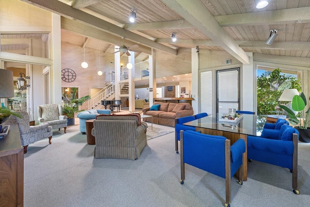 5630 N El Adobe Dr, Fresno, CA 93711 - carpeted living area with wood ceiling, stairs, and a ceiling fan