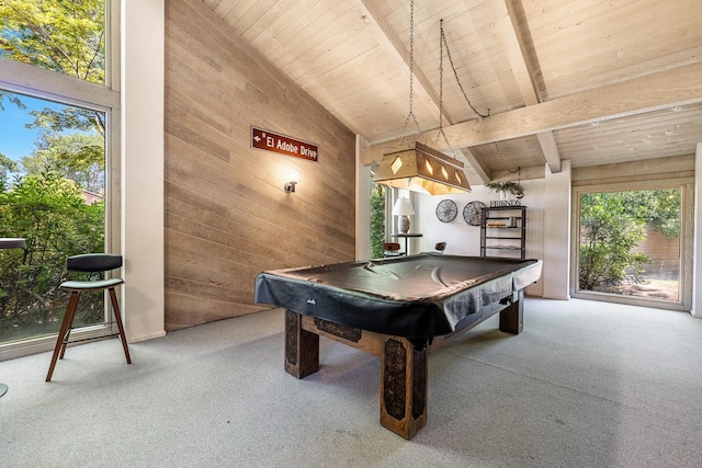 5630 N El Adobe Dr, Fresno, CA 93711 - game room featuring a wood ceiling with exposed beams, wooden walls, carpet, billiards table, and high vaulted ceiling
