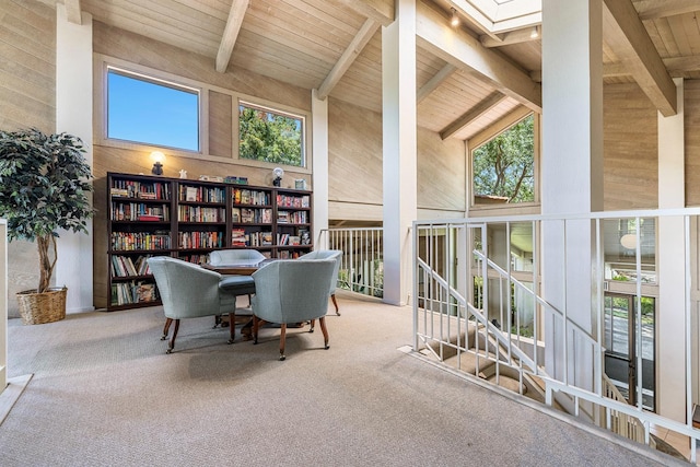 5630 N El Adobe Dr, Fresno, CA 93711 - office area featuring a wooden ceiling with exposed beams, high vaulted ceiling, and carpet