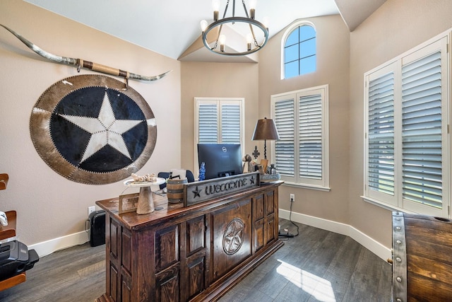 8194 N 5th St, Fresno, CA 93720 - office with a chandelier, dark wood-type flooring, and vaulted ceiling