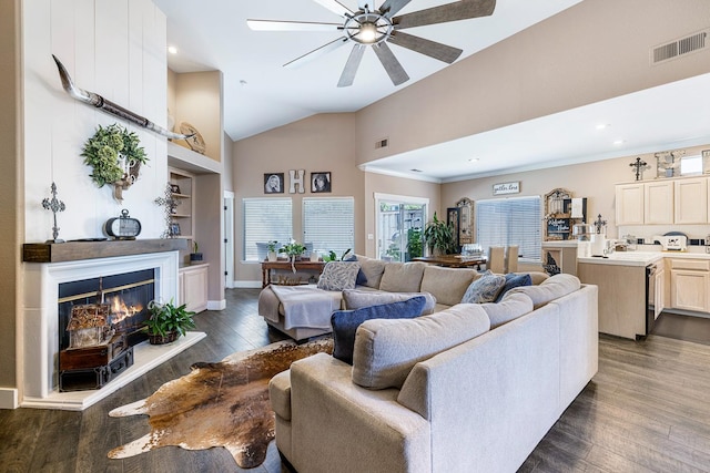 8194 N 5th St, Fresno, CA 93720 - living room with a ceiling fan, dark wood-type flooring, recessed lighting, high vaulted ceiling, and built in shelves