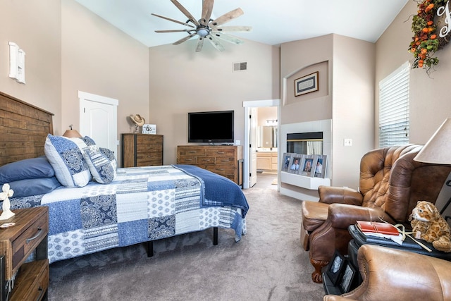 8194 N 5th St, Fresno, CA 93720 - bedroom featuring carpet floors, high vaulted ceiling, ensuite bath, and ceiling fan