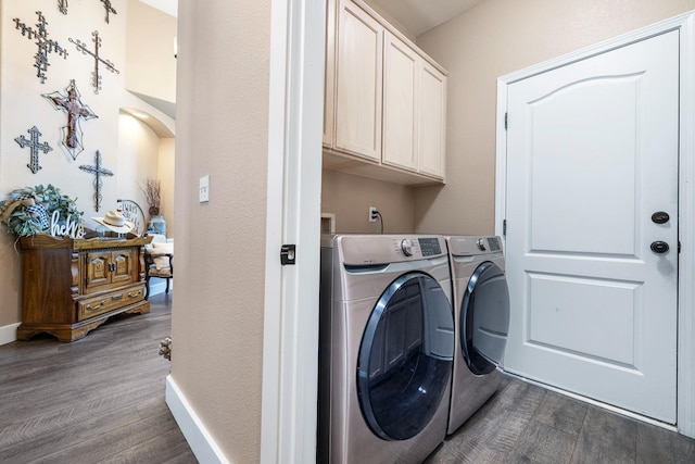 8194 N 5th St, Fresno, CA 93720 - laundry room with cabinet space, washer and dryer, dark wood-style flooring, and a textured wall