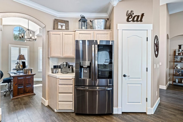 8194 N 5th St, Fresno, CA 93720 - kitchen featuring stainless steel refrigerator with ice dispenser, arched walkways, a chandelier, light brown cabinetry, and crown molding