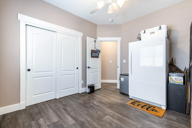 8194 N 5th St, Fresno, CA 93720 - kitchen with freestanding refrigerator, dark wood finished floors, and a ceiling fan