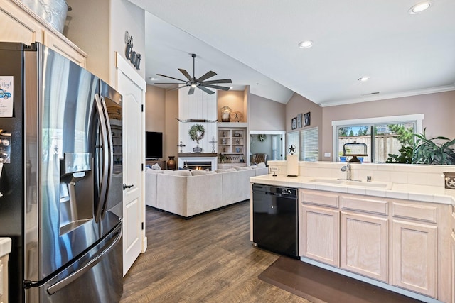8194 N 5th St, Fresno, CA 93720 - kitchen with stainless steel fridge, dishwasher, tile countertops, ceiling fan, and dark wood finished floors