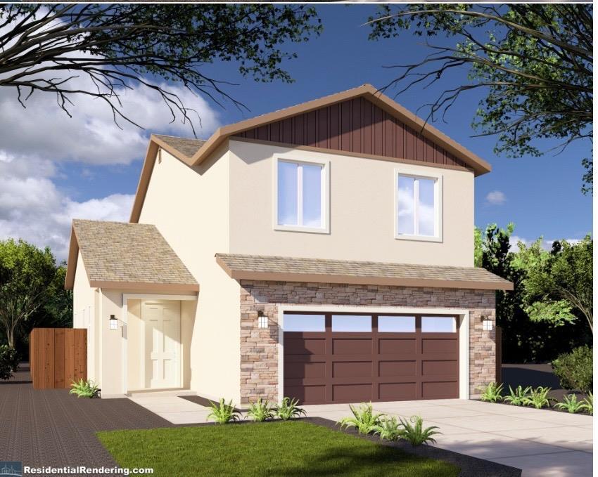 412 W Escalon, Clovis, CA 93612 - view of front facade featuring stone siding, stucco siding, driveway, and an attached garage