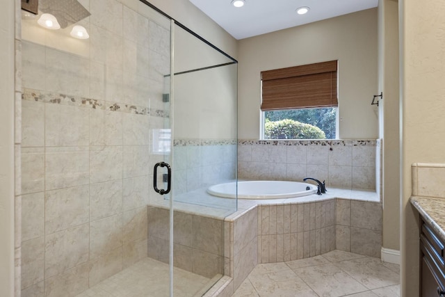 5857 W Modoc, Visalia, CA 93291 - bathroom with a garden tub, vanity, a shower stall, tile patterned floors, and recessed lighting