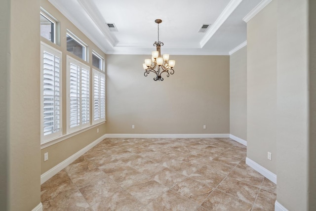 5857 W Modoc, Visalia, CA 93291 - spare room featuring healthy amount of natural light, a chandelier, crown molding, and a raised ceiling