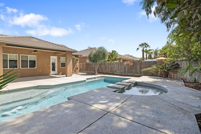 5857 W Modoc, Visalia, CA 93291 - view of swimming pool with a patio, a fenced backyard, a ceiling fan, and a pool with connected hot tub
