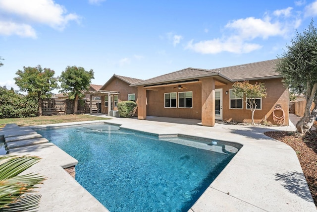 5857 W Modoc, Visalia, CA 93291 - view of swimming pool with a patio area, a fenced backyard, and ceiling fan