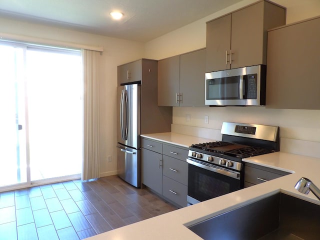 3725 Graystoke Way, Clovis, CA 93619 - kitchen featuring stainless steel appliances, gray cabinets, light countertops, and wood finished floors