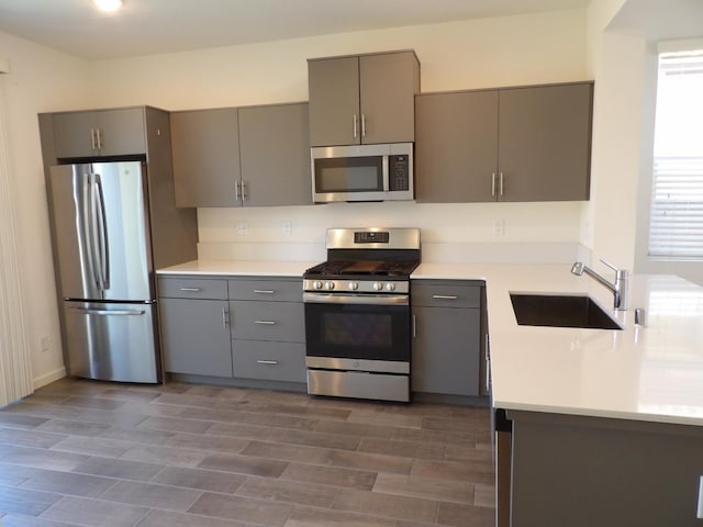 3725 Graystoke Way, Clovis, CA 93619 - kitchen with stainless steel appliances, gray cabinetry, light countertops, and wood finished floors