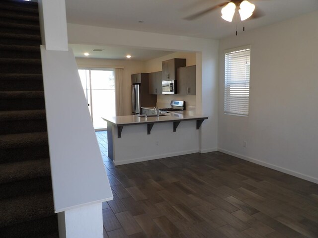3725 Graystoke Way, Clovis, CA 93619 - kitchen featuring appliances with stainless steel finishes, a kitchen bar, a ceiling fan, a peninsula, and dark wood-type flooring