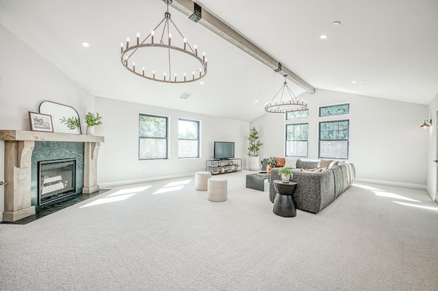 42732 Granite Cir, Shaver Lake, CA 93664 - carpeted living room featuring a chandelier, a premium fireplace, and recessed lighting