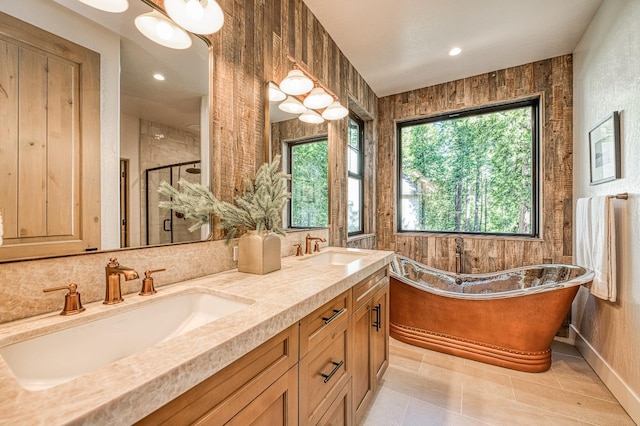42732 Granite Cir, Shaver Lake, CA 93664 - bathroom with a stall shower, a freestanding tub, double vanity, and recessed lighting