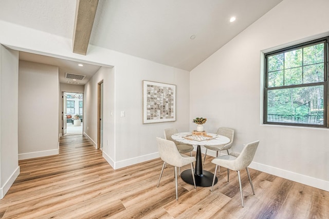 42732 Granite Cir, Shaver Lake, CA 93664 - dining space featuring light wood-style flooring, vaulted ceiling, and recessed lighting