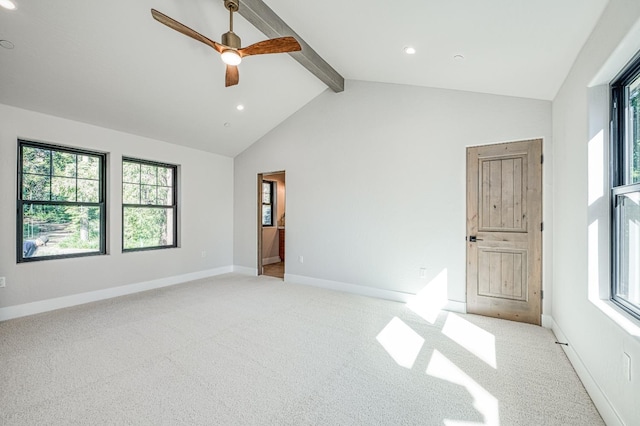 42732 Granite Cir, Shaver Lake, CA 93664 - unfurnished bedroom with beam ceiling, multiple windows, light carpet, recessed lighting, and high vaulted ceiling