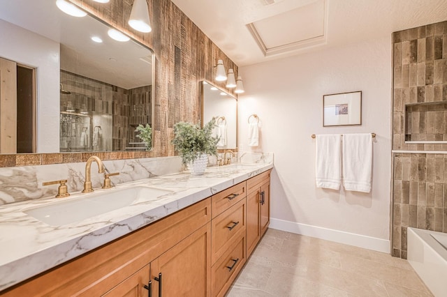 42732 Granite Cir, Shaver Lake, CA 93664 - bathroom featuring double vanity, a bathtub, a shower, and tile patterned flooring