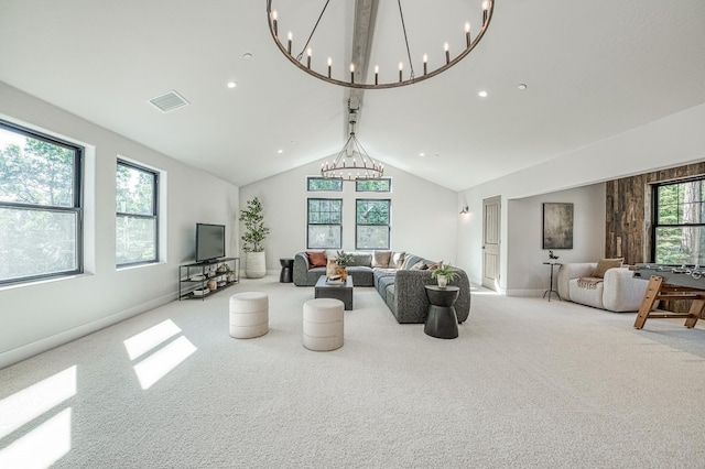 42732 Granite Cir, Shaver Lake, CA 93664 - carpeted living area with a chandelier and baseboards