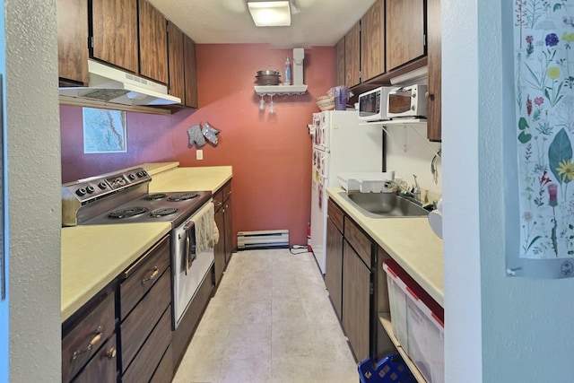 40798 Mill Run Ln Unit 20, Shaver Lake, CA 93664 - kitchen featuring under cabinet range hood, white appliances, a baseboard heating unit, and light countertops