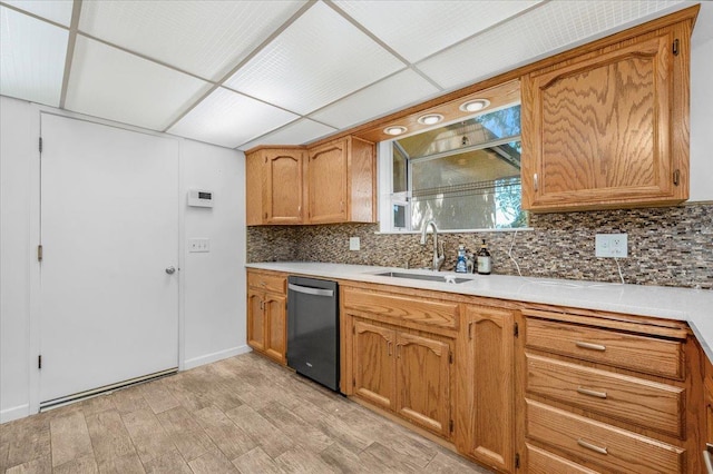 1649 W Menlo, Fresno, CA 93711 - kitchen with dishwasher, decorative backsplash, light countertops, brown cabinets, and light wood finished floors