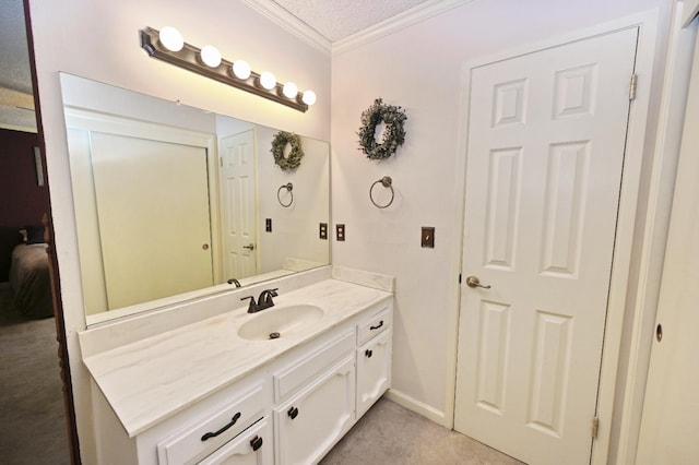 110 N Terry Ave, Clovis, CA 93612 - bathroom with crown molding, vanity, and a textured ceiling