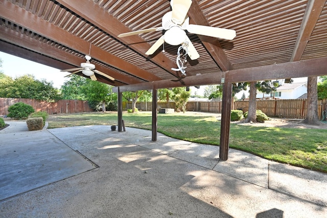 110 N Terry Ave, Clovis, CA 93612 - fenced backyard with a ceiling fan, a pergola, and a patio area