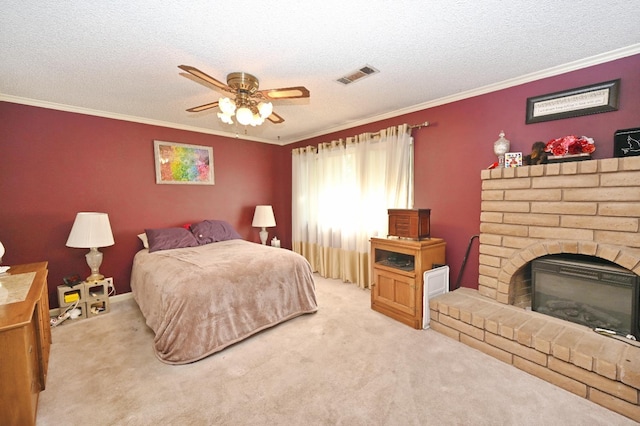 110 N Terry Ave, Clovis, CA 93612 - carpeted bedroom featuring a fireplace, crown molding, a textured ceiling, and ceiling fan