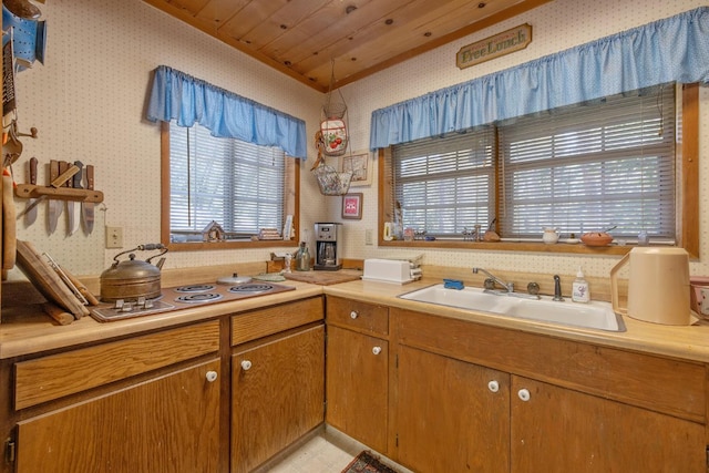 48675 Todd Eymann Rd, Miramonte, CA 93641 - kitchen with stainless steel electric stovetop, wallpapered walls, light countertops, and brown cabinetry