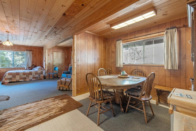 48675 Todd Eymann Rd, Miramonte, CA 93641 - carpeted dining area featuring wooden walls, wooden ceiling, and healthy amount of natural light