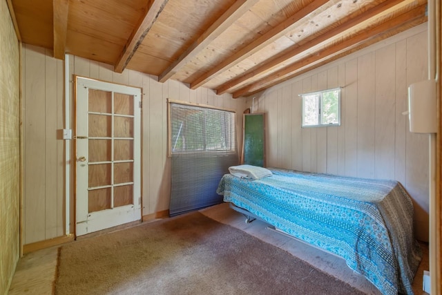 48675 Todd Eymann Rd, Miramonte, CA 93641 - carpeted bedroom featuring beamed ceiling and wood walls
