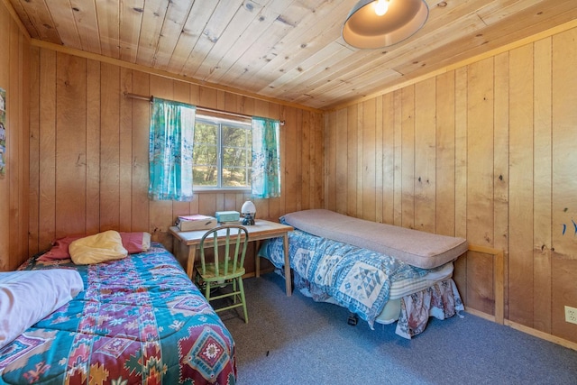 48675 Todd Eymann Rd, Miramonte, CA 93641 - bedroom featuring wood ceiling, wooden walls, and carpet floors