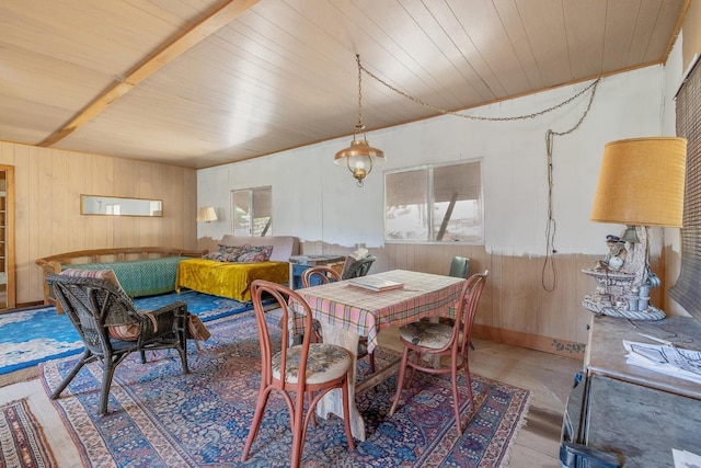 48675 Todd Eymann Rd, Miramonte, CA 93641 - dining room featuring wood walls, wooden ceiling, and wainscoting