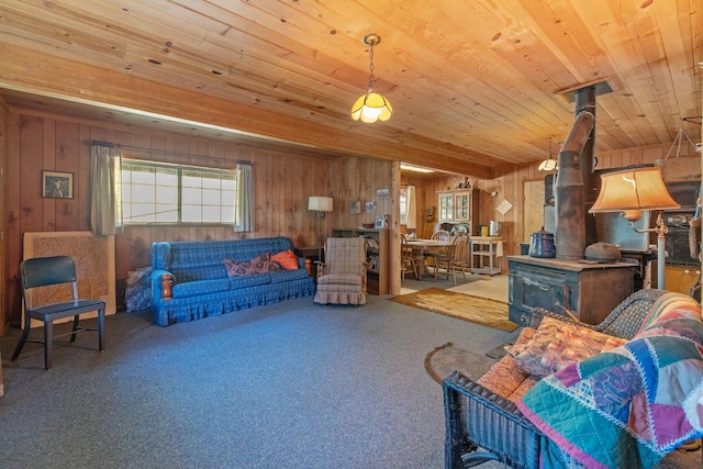 48675 Todd Eymann Rd, Miramonte, CA 93641 - carpeted living room featuring a wood stove, wood ceiling, wood walls, and healthy amount of natural light