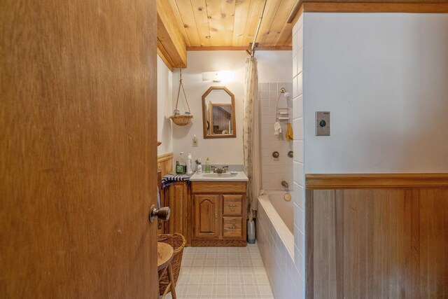 48675 Todd Eymann Rd, Miramonte, CA 93641 - bathroom featuring vanity, shower / bath combination, wood ceiling, tile patterned floors, and ornamental molding