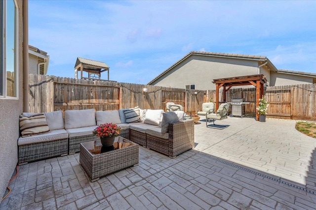 627 S Kandarian Ave, Fowler, CA 93625 - fenced backyard featuring an outdoor hangout area, a patio area, grilling area, and a pergola