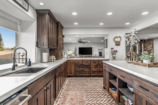 3377 N Bethel Ave, Sanger, CA 93657 - kitchen featuring dishwasher, recessed lighting, brick patterned floors, a ceiling fan, and light countertops
