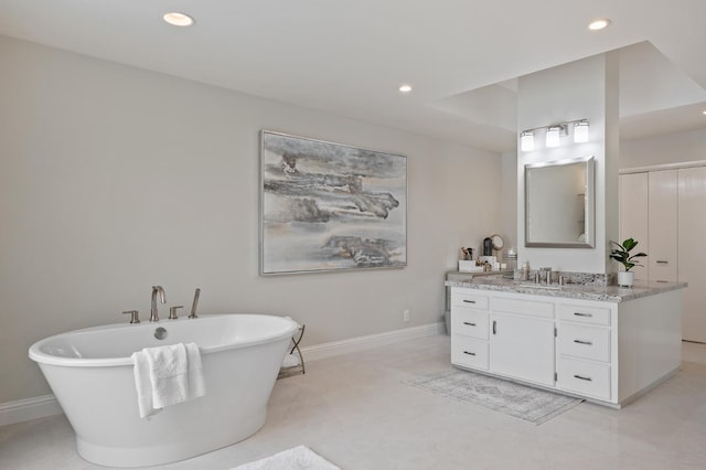 2734 W Bluff Ave, Fresno, CA 93711 - bathroom with vanity, a freestanding bath, recessed lighting, and an enclosed shower