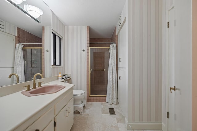 2734 W Bluff Ave, Fresno, CA 93711 - full bathroom featuring a stall shower, vanity, and wallpapered walls
