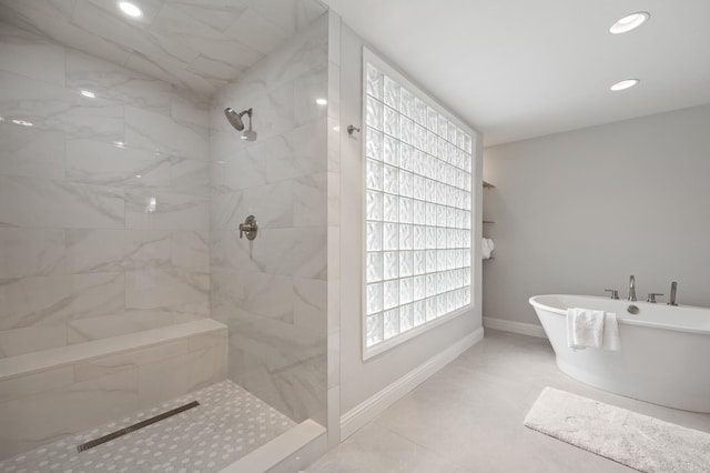 2734 W Bluff Ave, Fresno, CA 93711 - bathroom featuring a tile shower, a freestanding bath, and recessed lighting