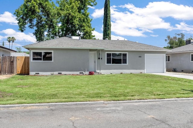 4729 E Cornell Ave, Fresno, CA 93703 - ranch-style house with driveway, crawl space, a garage, stucco siding, and a shingled roof